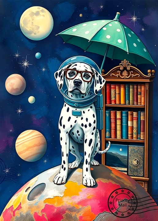 Illustrierter Dalmatiner-Astronaut mit Regenschirm neben einem Bücherregal