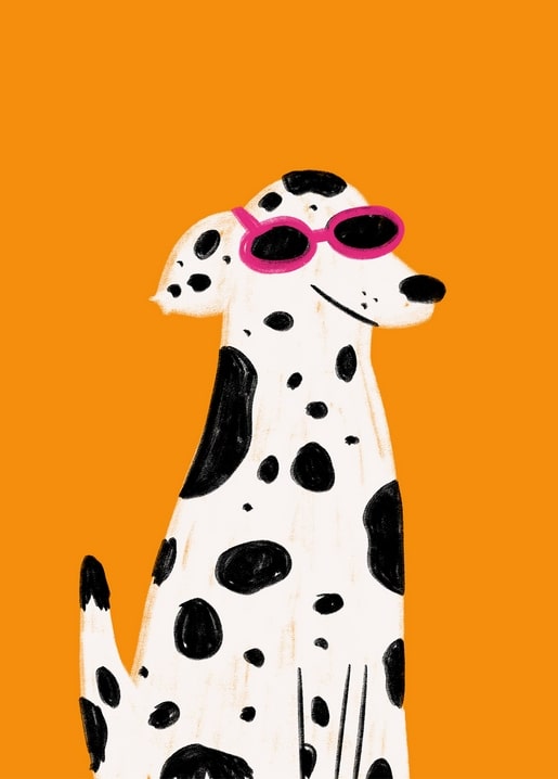 Illustrated postcard of a Dalmatian dog wearing pink sunglasses on a bright orange background