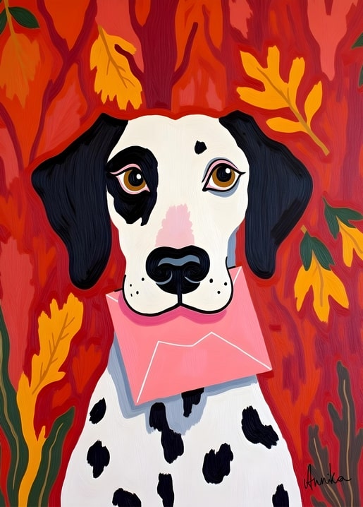 Illustration eines Dalmatiners mit rosa Umschlag im Maul zwischen Herbstblättern, signiert AnniKa