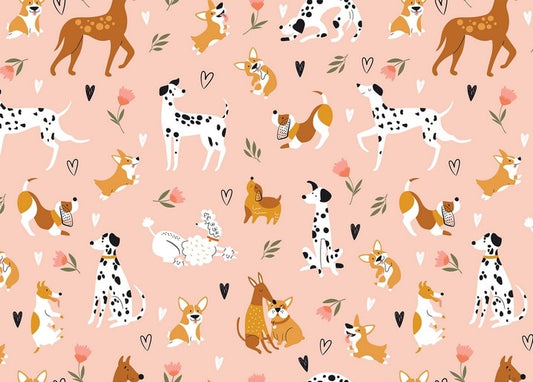 Seamless pattern of dalmatians, corgis, and poodles among hearts and flowers on pink