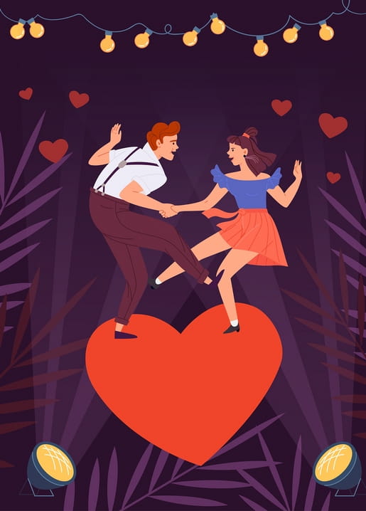 Illustriertes Paar tanzt Swing auf einem riesigen Herzen unter einer Lichterkette
