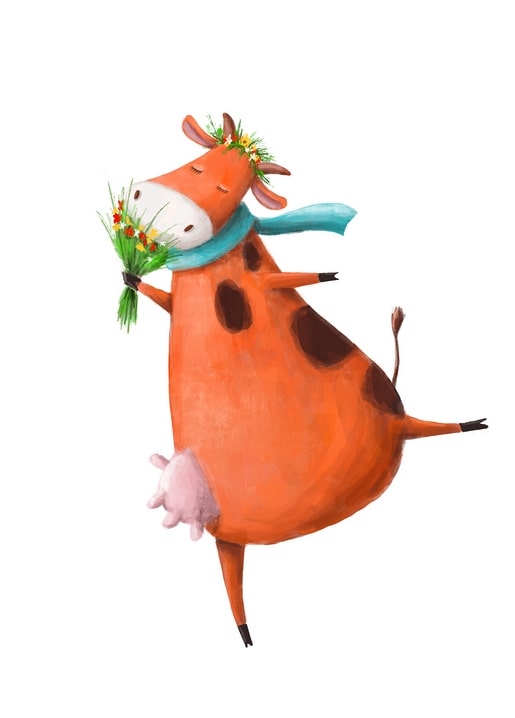 Illustration of an orange spotted cow balancing on one leg, wearing a flower crown and holding a bouquet