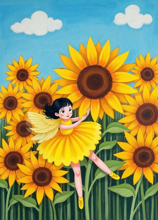 Illustrierte Fee im gelben Kleid tanzt zwischen hohen Sonnenblumen unter blauem Himmel