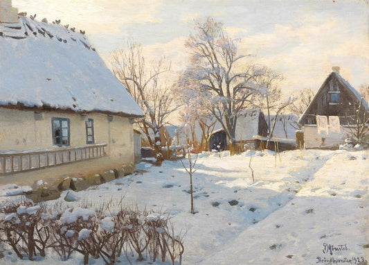 Солом'яний будинок у снігу з птахами на даху, данське село, картина Педера Мьорка Мьонстеда