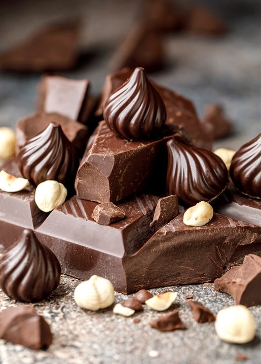 Broken dark chocolate chunks with piped swirls and scattered hazelnuts