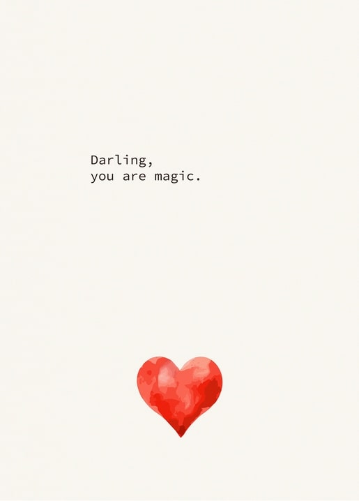 Minimalistische Postkarte mit dem Schriftzug „Darling, you are magic“ und einem Aquarellherz
