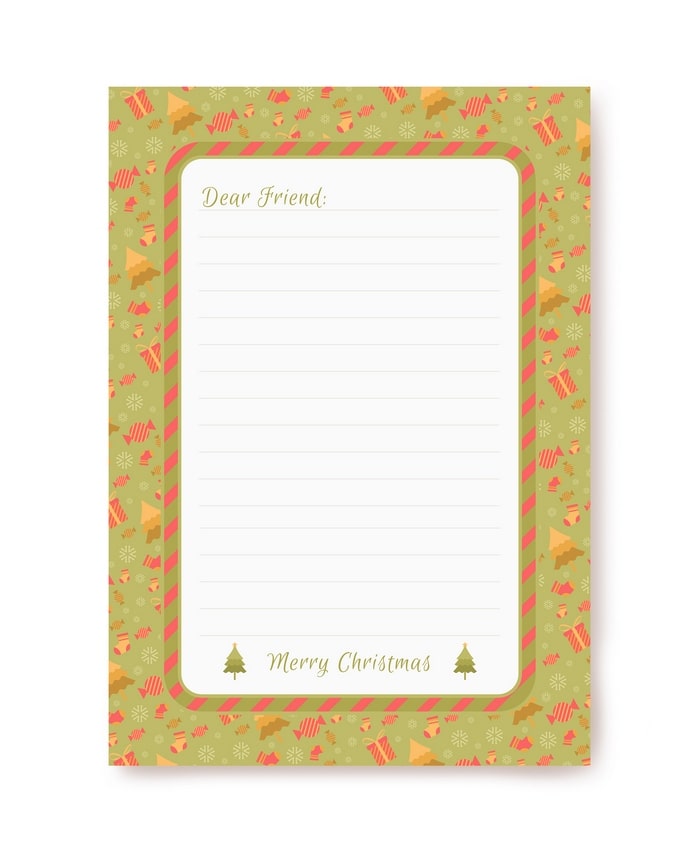 Olive-green letter paper patterned with gifts and stockings, preprinted “Dear Friend” greeting