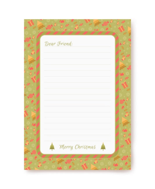 Olive-green letter paper patterned with gifts and stockings, preprinted “Dear Friend” greeting