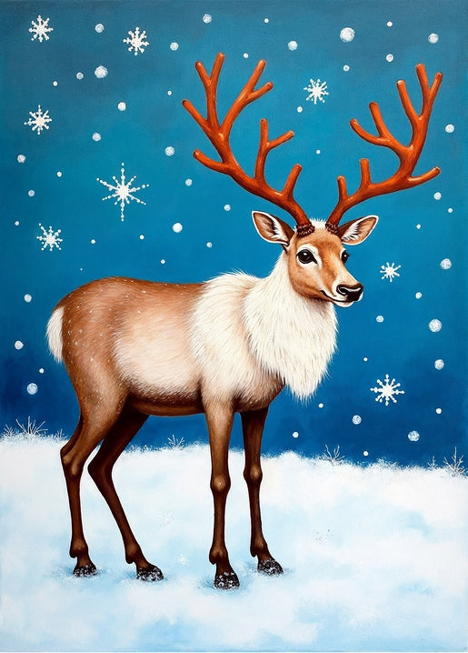 Illustrierter Hirsch mit großem Geweih im Schneetreiben vor dunkelblauem Himmel