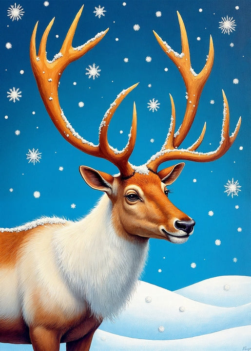 Illustrierter Hirsch mit großem Geweih im fallenden Schnee