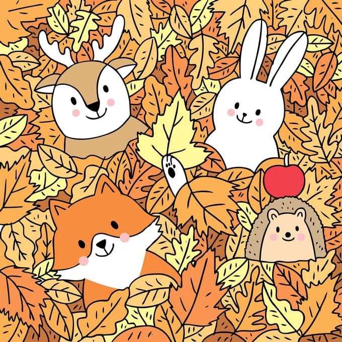 Deer, fox, rabbit and hedgehog peeking through golden autumn leaves illustration