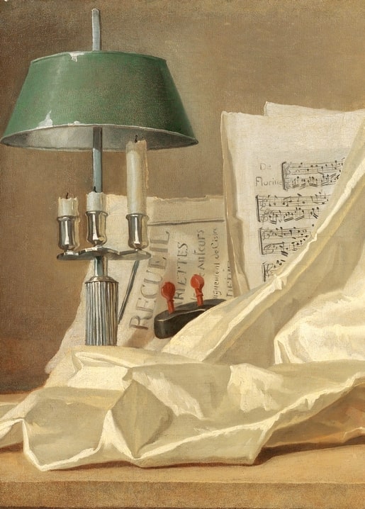 Delaporte still life painting with a green lamp, silver candelabra, sheet music, and white satin cloth