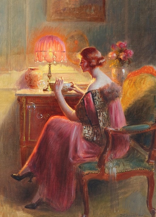 Delphin Enjolras painting of a woman blowing soap bubbles by lamplight, postcard reproduction