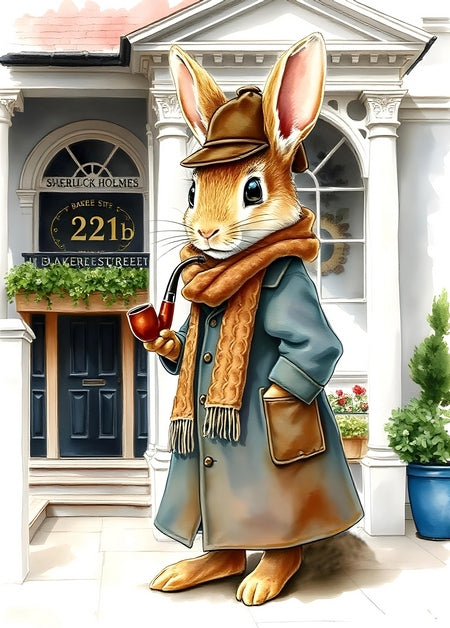 Кролик-детектив у мисливському капелюсі з люлькою біля дверей 221B на Бейкер-стріт
