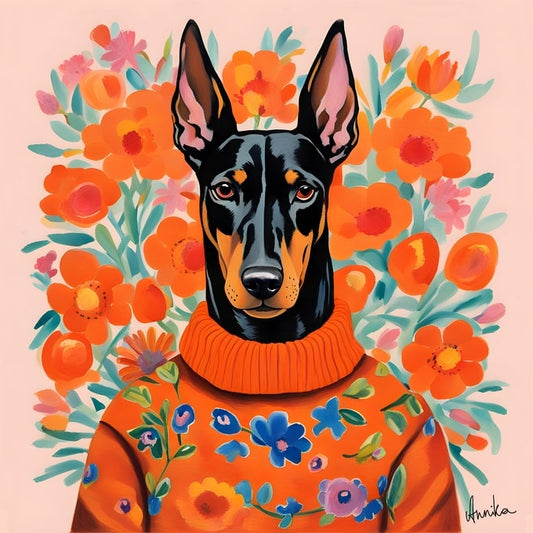 Illustriertes Dobermann-Porträt im orangen Blumenpullover vor korallenroten Blüten