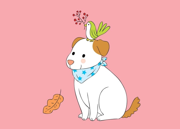 Dog in a star-print bandana with a green bird and berry sprig perched on its head