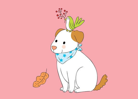 Dog in a star-print bandana with a green bird and berry sprig perched on its head