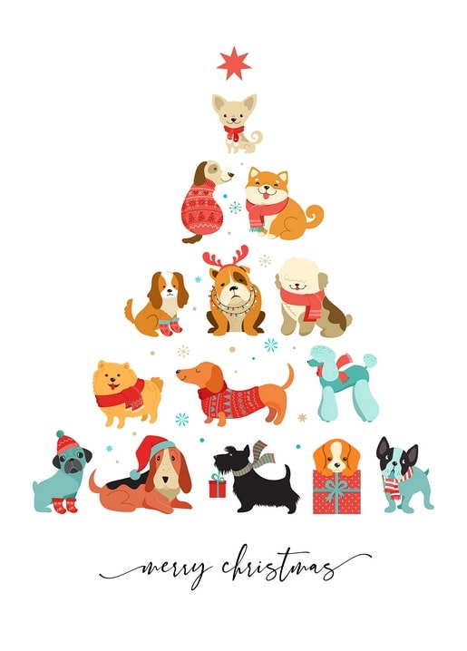 Illustration von Hunderassen, die in Form eines Weihnachtsbaums mit rotem Stern angeordnet sind