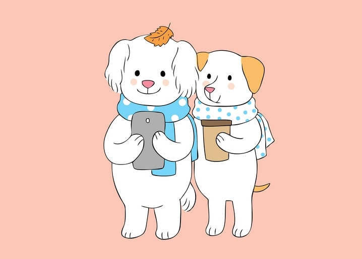 Two cartoon dogs in scarves, one holding a phone and one holding a coffee cup