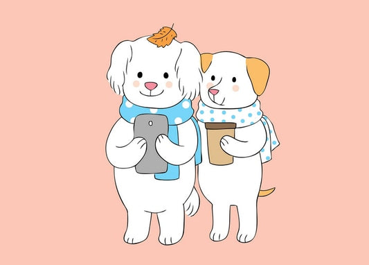 Two cartoon dogs in scarves, one holding a phone and one holding a coffee cup