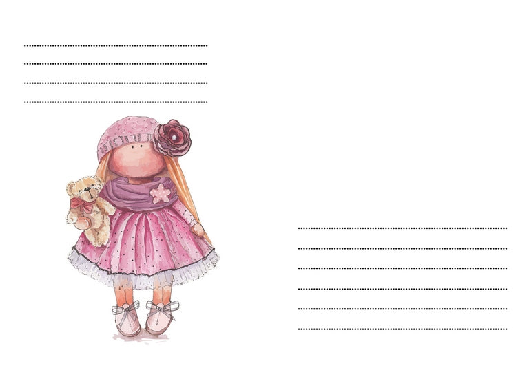 Briefumschlag mit Aquarell-Puppenmädchen im rosa Kleid und Teddybär
