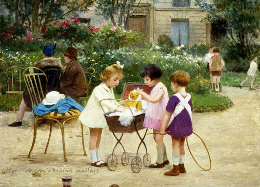 Gemälde von Gilbert: drei Kinder mit einem Puppenwagen im Park