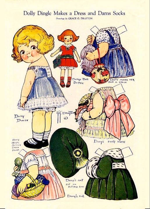 Vintage paper doll Dolly Dingle with cutout dresses, hat and coat, drawings by Grace G. Drayton