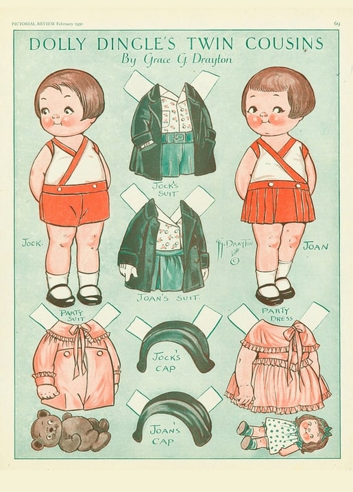 Vintage paper doll page “Dolly Dingle's Twin Cousins” by Grace Drayton, with Jock and Joan's cut-out outfits.
