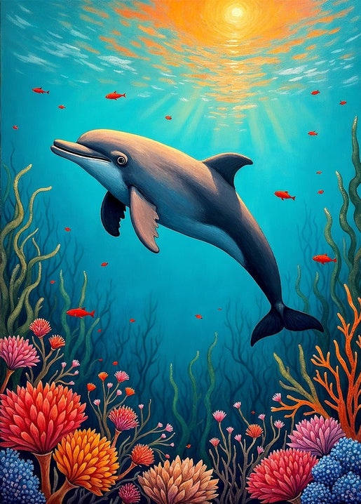 Postkarte mit einem Delfin über einem bunten Korallenriff