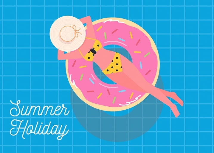 Illustrated woman in a polka-dot bikini floating on a pink donut pool float