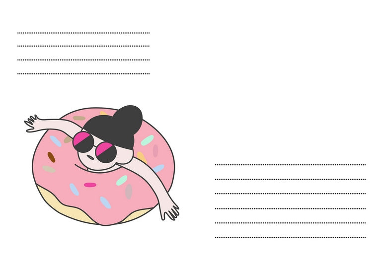 Comicillustration einer Figur mit Sonnenbrille in einem rosa Donut-Schwimmring mit Streuseln.