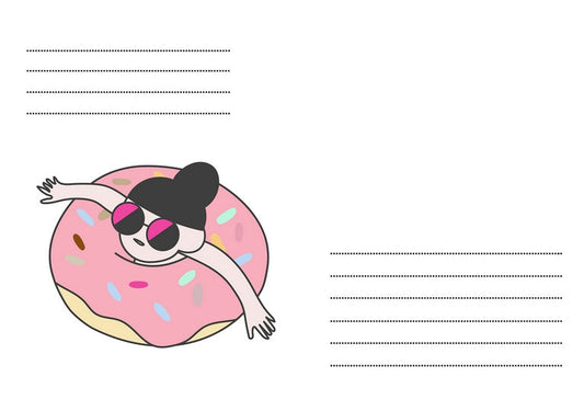 Comicillustration einer Figur mit Sonnenbrille in einem rosa Donut-Schwimmring mit Streuseln.