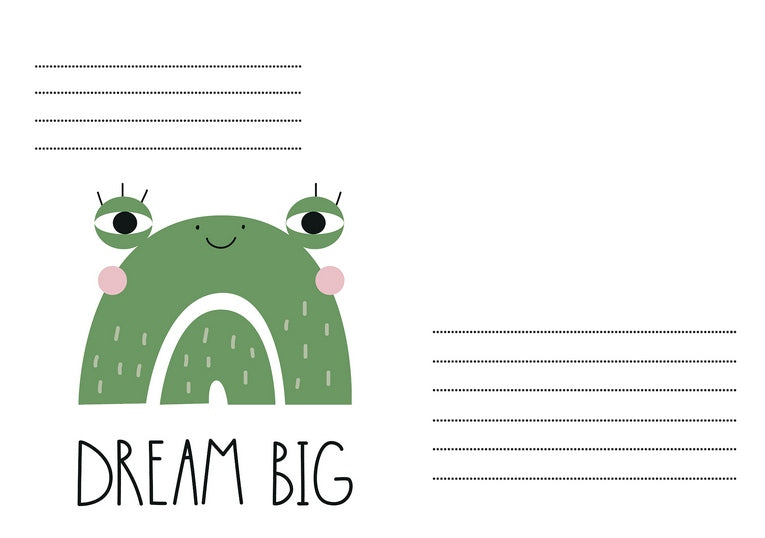 Illustration eines grünen Monsters mit dem Schriftzug „Dream Big“ auf weißem Umschlag