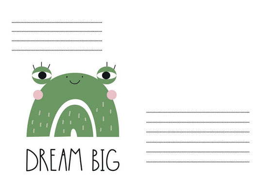 Illustration eines grünen Monsters mit dem Schriftzug „Dream Big“ auf weißem Umschlag