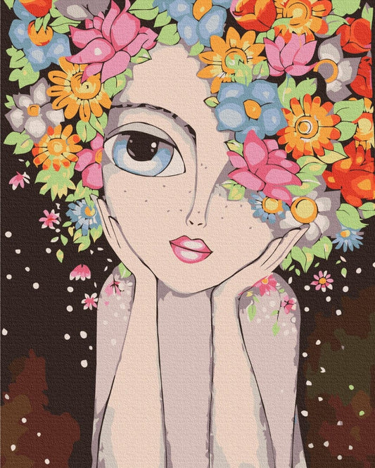 Illustriertes Porträt „Dryade“: Kopf eines Mädchens bedeckt mit bunten Blumen