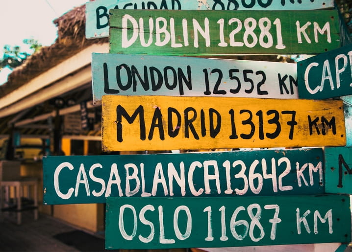 Hand-painted wooden signpost with distances to Dublin, London, Madrid, Casablanca and Oslo