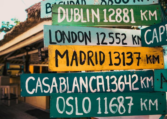 Hand-painted wooden signpost with distances to Dublin, London, Madrid, Casablanca and Oslo