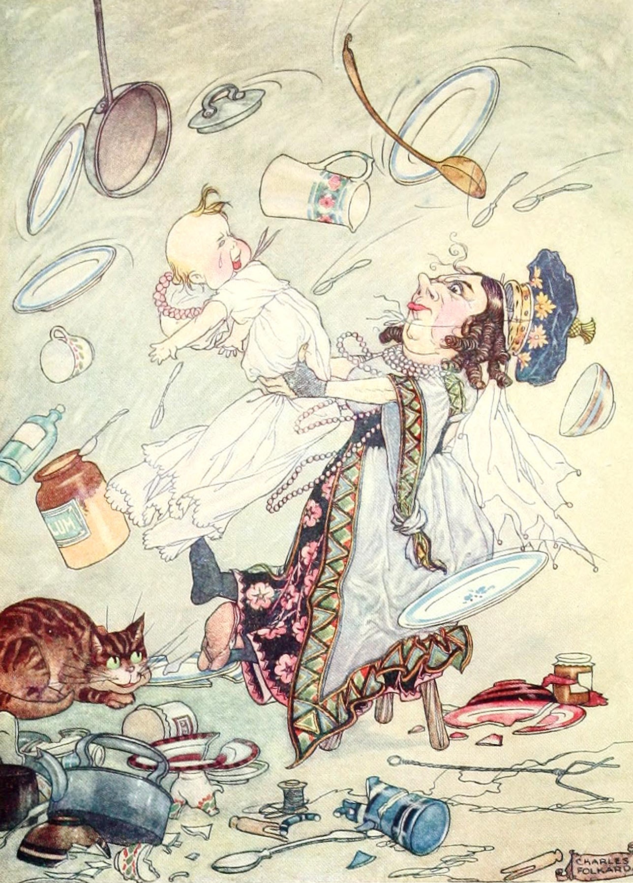 Close-up postcard detail of the Duchess holding her crying baby amid falling pots and a tabby cat