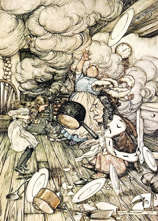 Arthur Rackham illustration of the Duchess's kitchen in chaos, with flying plates, a cook, and a cat by the stove.