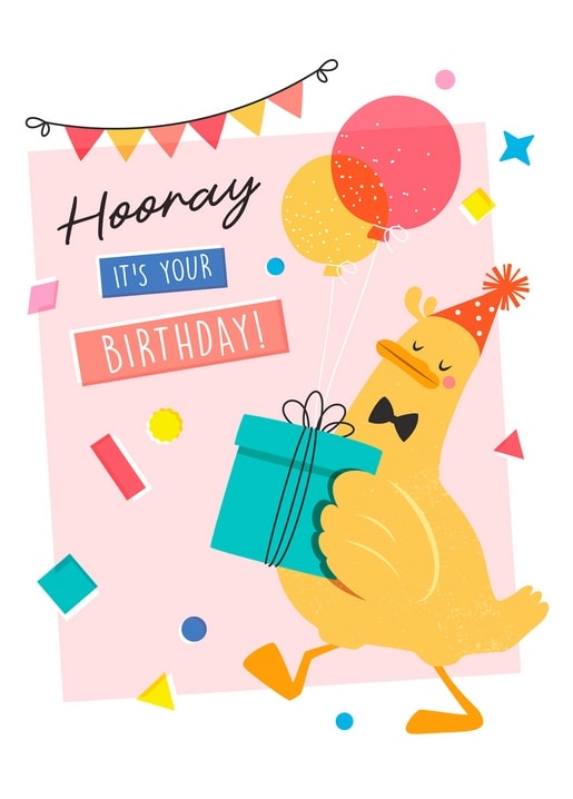 Duck in an orange party hat carrying a ribboned gift box under two balloons, with 'Hooray, it's your birthday!' text.