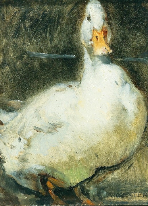 Nahaufnahme einer weißen Ente mit orangefarbenem Schnabel, Gemälde von Alexander Koester