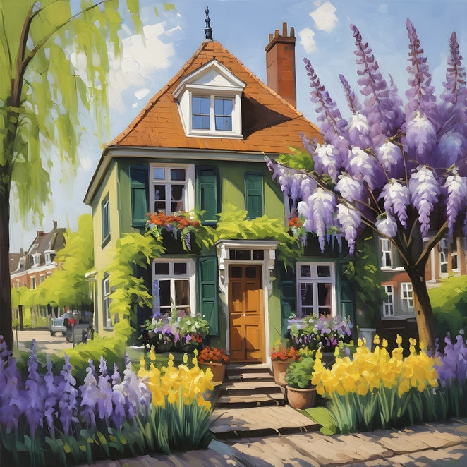 Green Dutch house covered in wisteria with tulips and daffodils in the garden