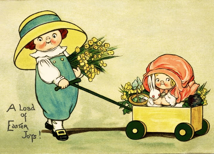 Vintage-Illustration zweier Kinder mit einem Osterwagen voller Blumen und einem weißen Hasen