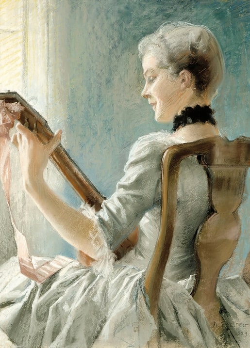 Pastel portrait of a woman in blue satin playing a stringed instrument by a window, by Albert Edelfelt