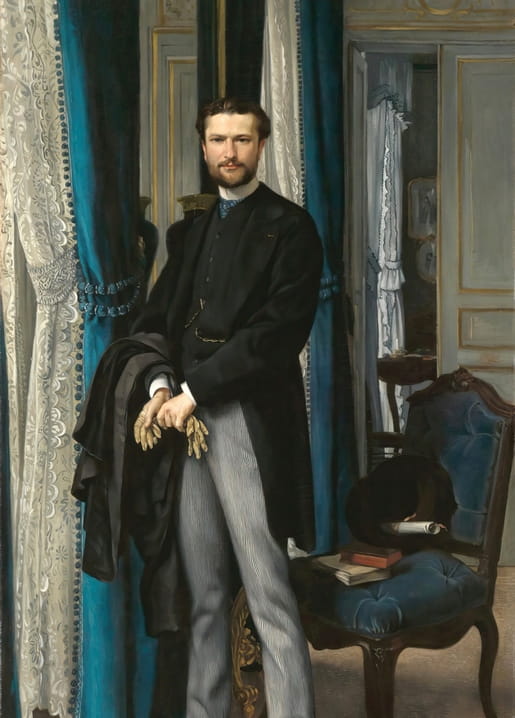 Formal portrait of a young man in a black suit standing by blue curtains, painted by James Tissot