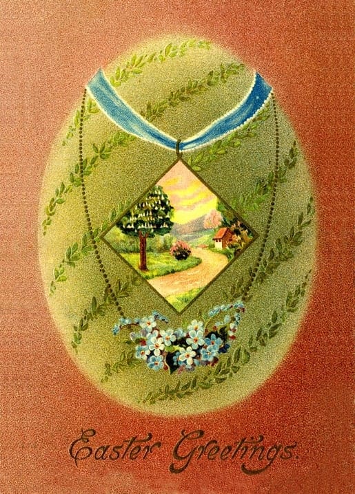 Illustration eines goldenen eiförmigen Medaillons mit Landschaft, Band und Vergissmeinnicht.