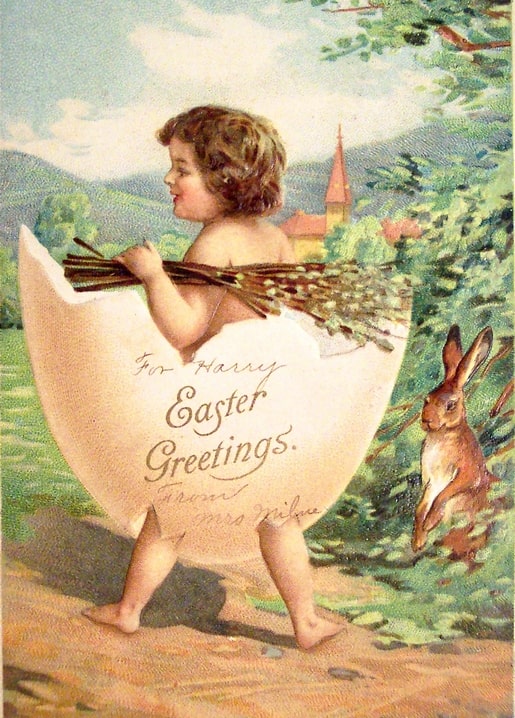 Vintage-Illustration eines Kindes in einer Eierschale mit Weidenkätzchen, Hase und Dorf im Hintergrund