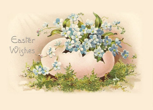 Vintage-Postkarte mit aufgesprungener Eierschale voller blauer Vergissmeinnicht auf grünem Moos