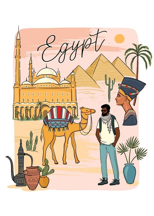 Illustrated Egypt travel scene with pyramids, Cairo Citadel, camel and rider, and Nefertiti bust