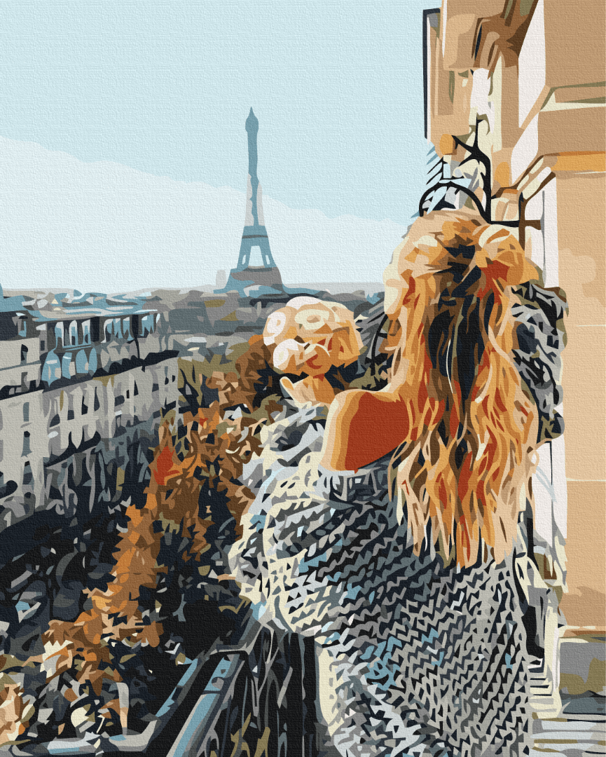 Frau im Strickschal blickt vom Pariser Balkon auf den Eiffelturm, illustriertes Gemälde